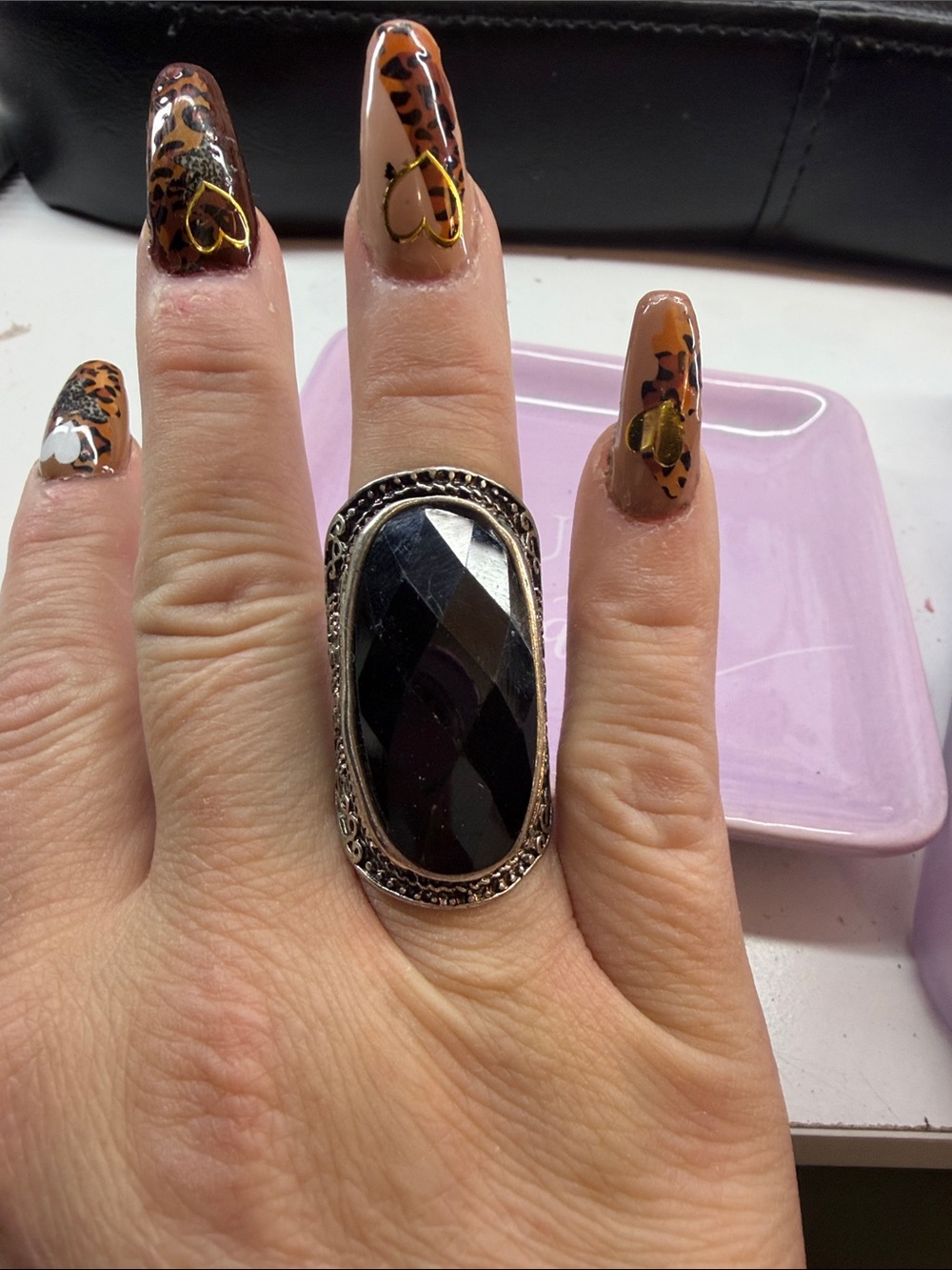 Statement Black Faceted Oval Ring - Unbranded